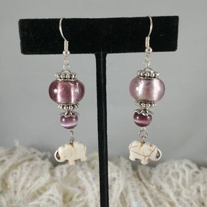 Elephant Earrings with Purple Glass Beads
